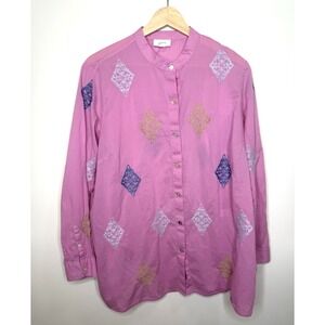 J Jill Embroidered Button Up Shirt Tunic‎ Medium Pink Lightweight 100% Cotton M